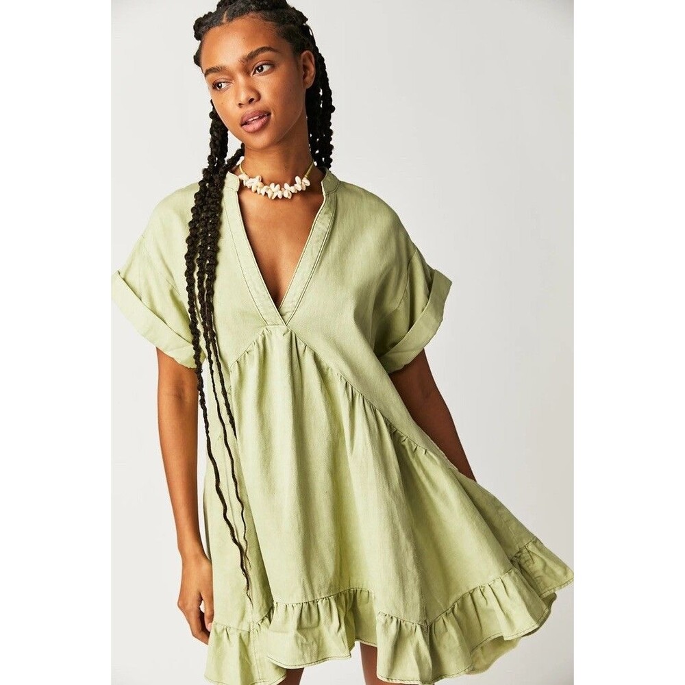 Free People Agnes Dress Green XS Cotton Babydoll Ruffle Hem Boho Cottagecore